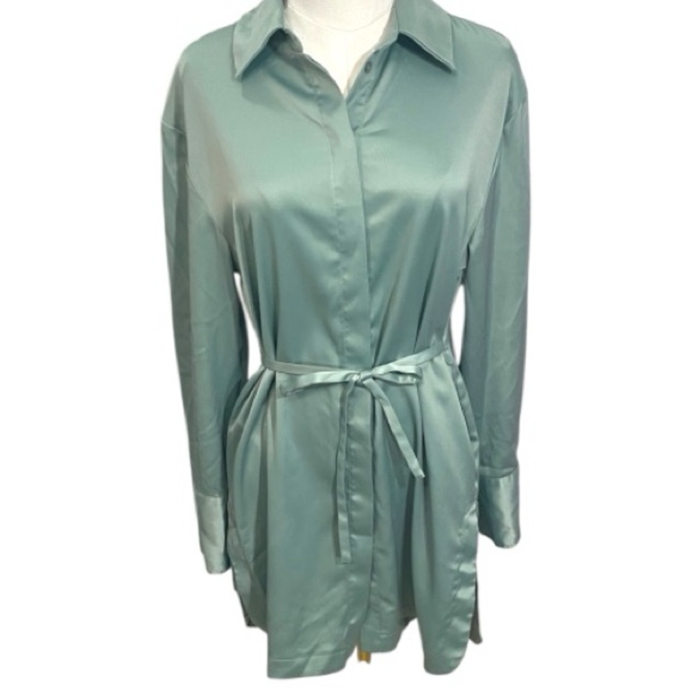 House of Harlow 1960 Sage Satin button up Shirt Dress Womens size Medium